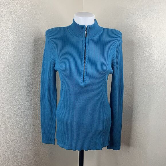 Boston Proper 1/4 Zip Sweater Women’s Sz L Fitted Teal-ish Blue Pullover - Picture 2 of 9